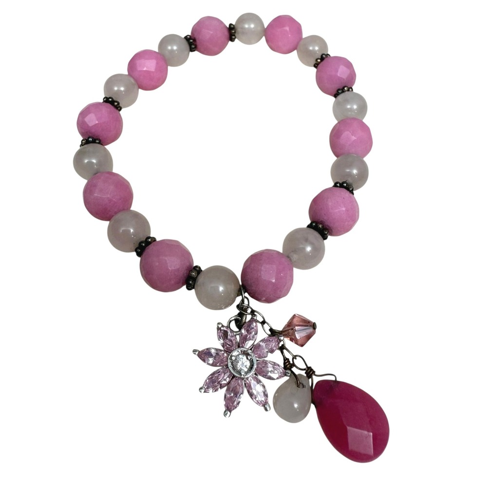Rose Quartz Glass Beaded Charm Bracelet Pink Flower Teardrop Dangle Jewelry 6.5